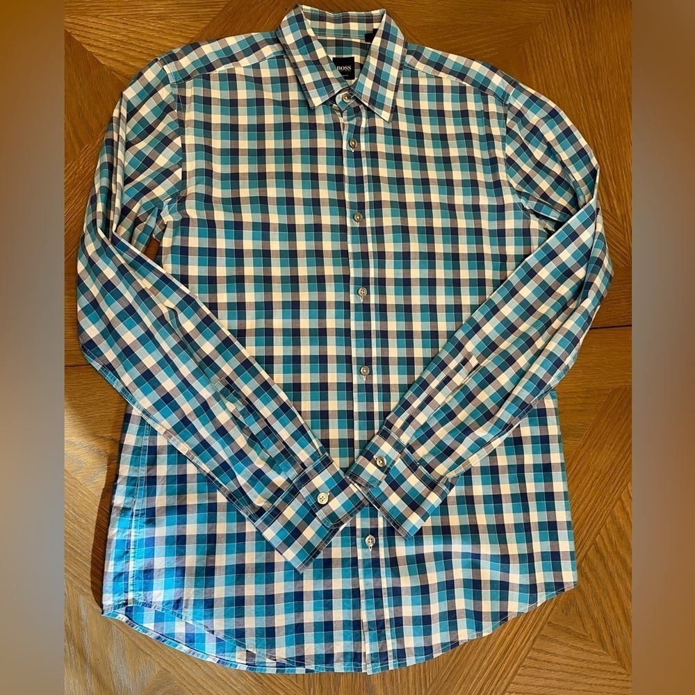 BOSS Hugo Boss Ronny Checkered Slim Fit Blue Button Down Long Sleeve Shirt